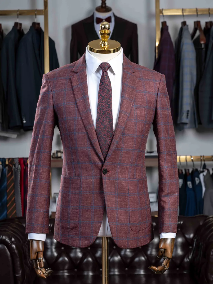 Burgundy Windowpane Blazer with Patch Pockets
