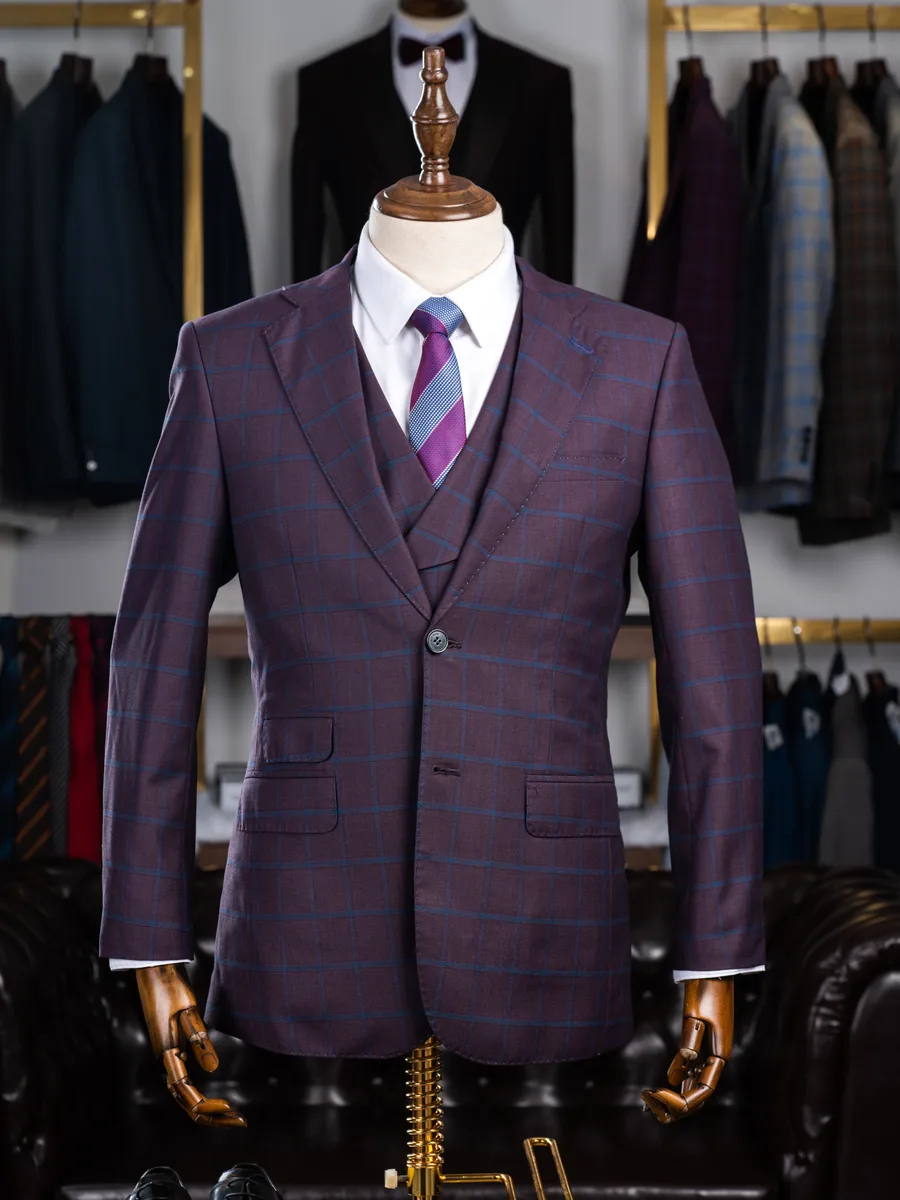 Plum Windowpane Three-Piece Suit with Double-Breasted Waistcoat