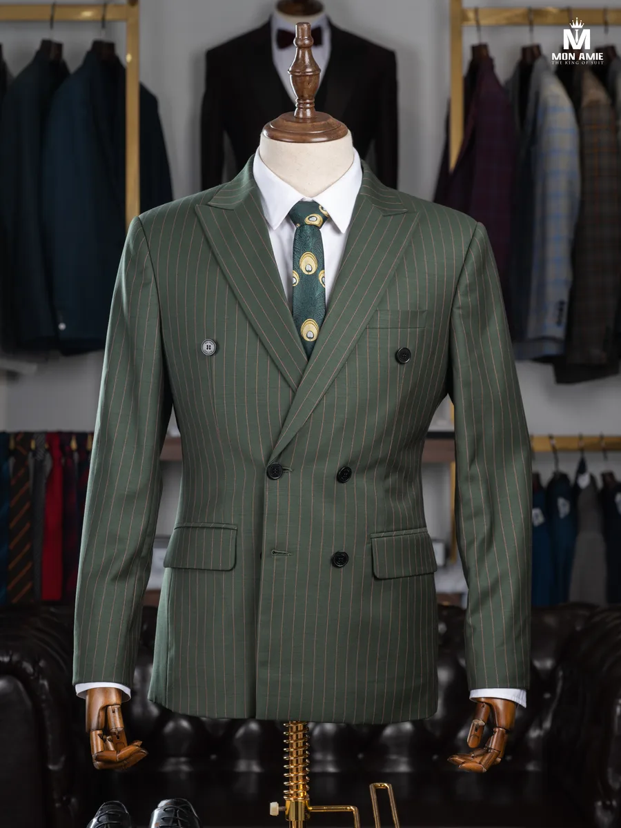 Olive Green Double-Breasted Suit with Copper Pinstripe