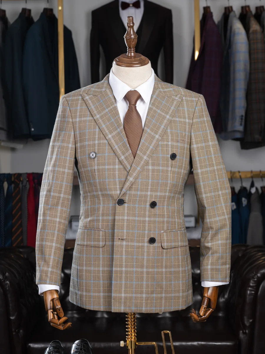 Camel Glen Check Double-Breasted Suit, Blue Overcheck