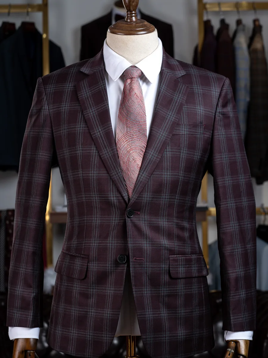Plum Burgundy Suit, Grey-Green Windowpane Check
