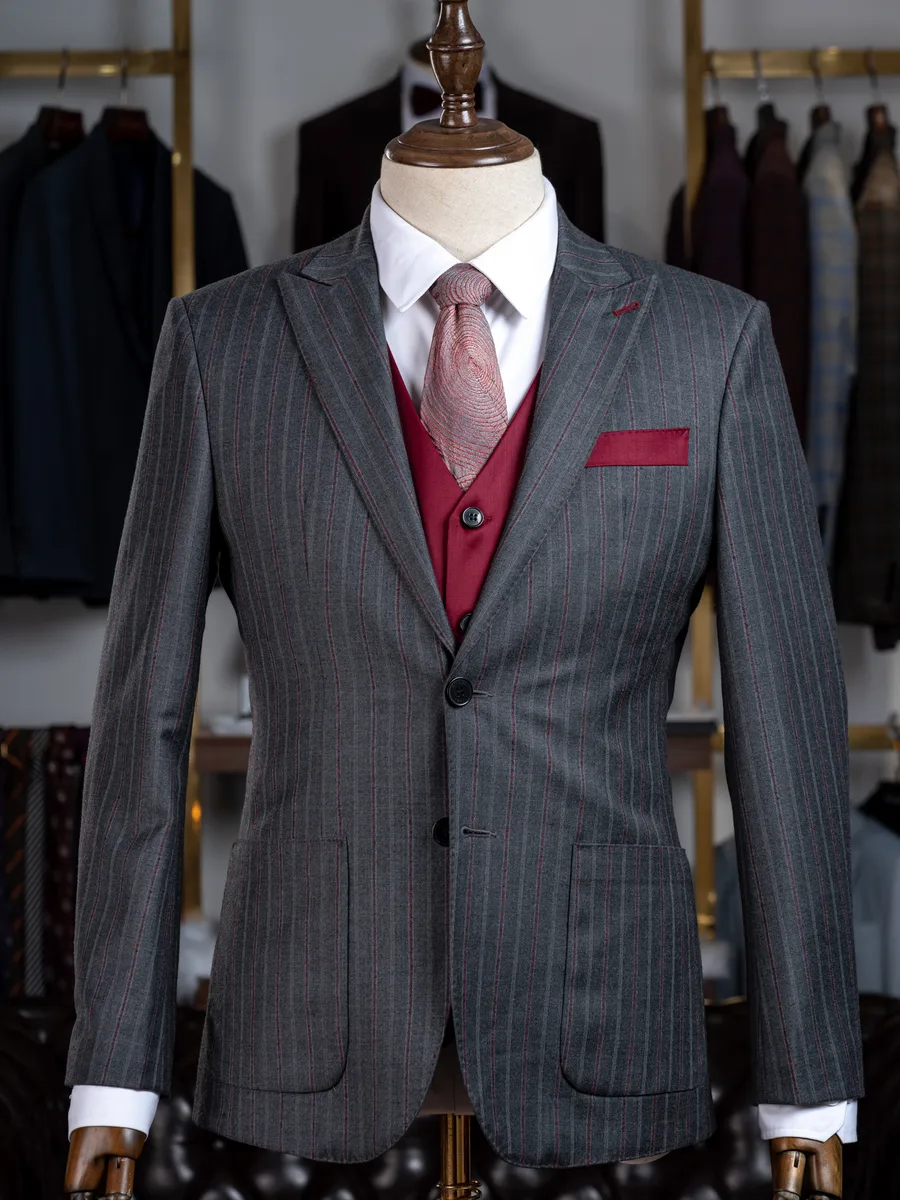 Charcoal Suit, Burgundy Pinstripe, Patch Pockets, Red Waistcoat