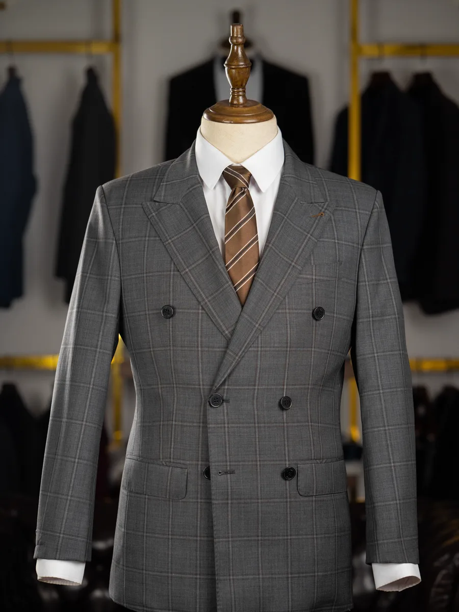 Smoke Grey Double-Breasted Suit, Brown Windowpane