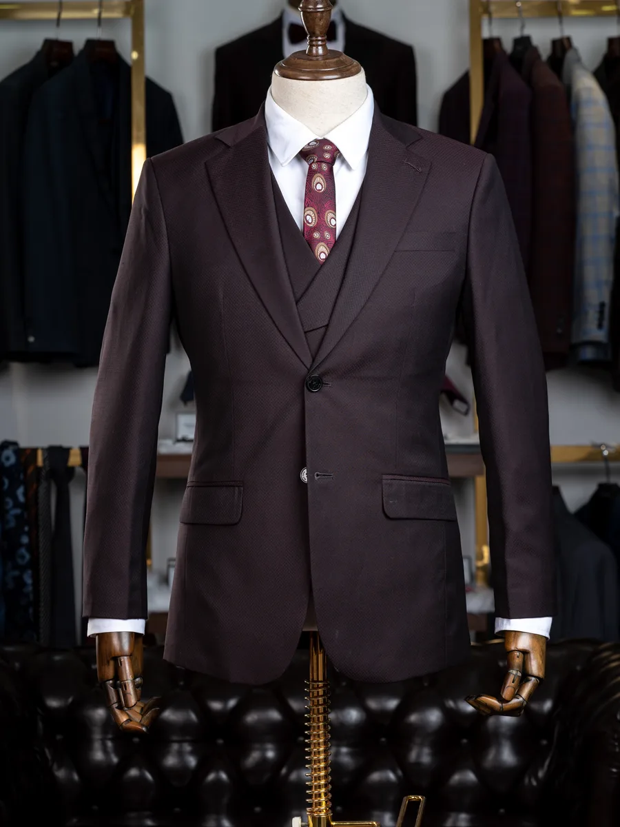 Three-Piece Plum Brown Micro-Weave Suit, Double-Breasted Waistcoat