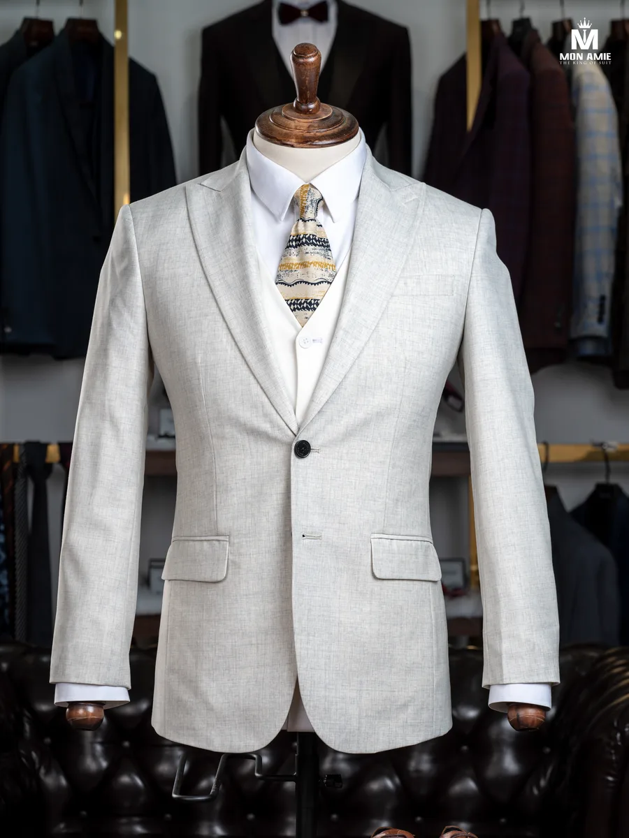Three-Piece Oat Grey Textured Suit, Peak Lapel