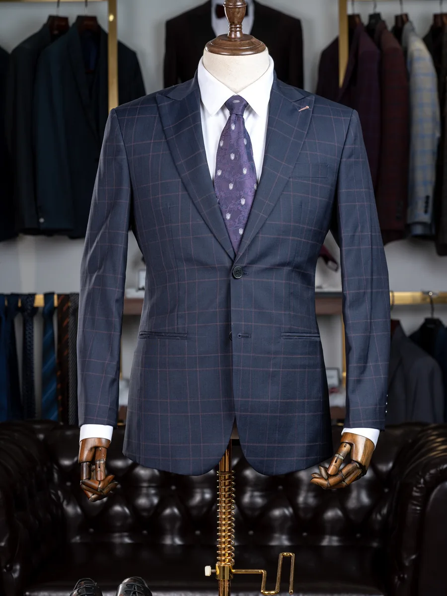Navy Windowpane Suit, Rose Pinstripe, Peak Lapel