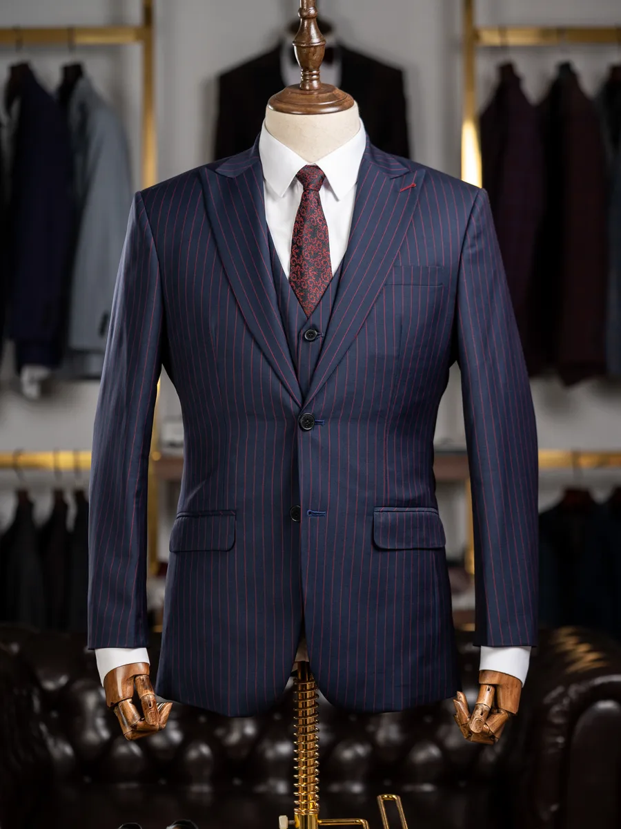 Navy Three-Piece Suit, Burgundy Chalk Stripe