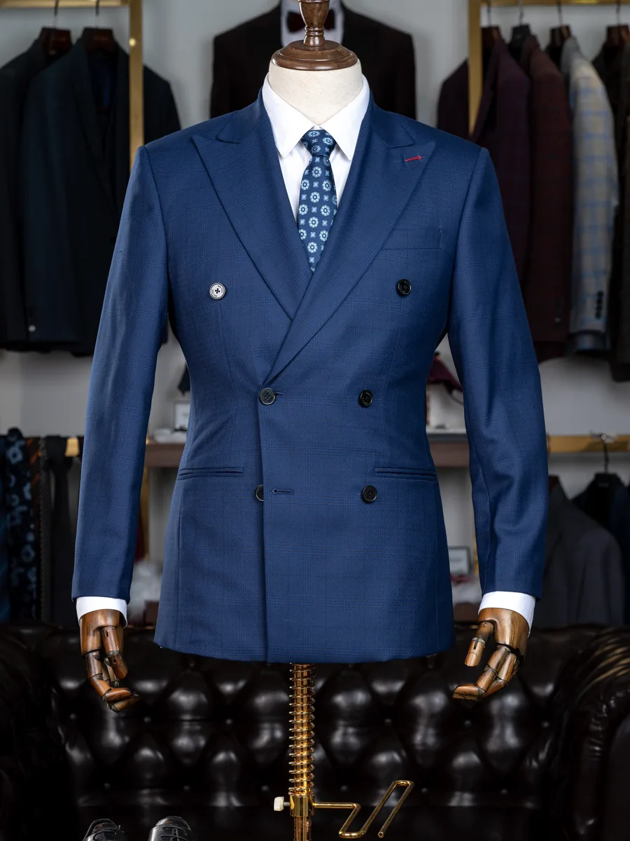 Cobalt Double-Breasted Suit, Tonal Check