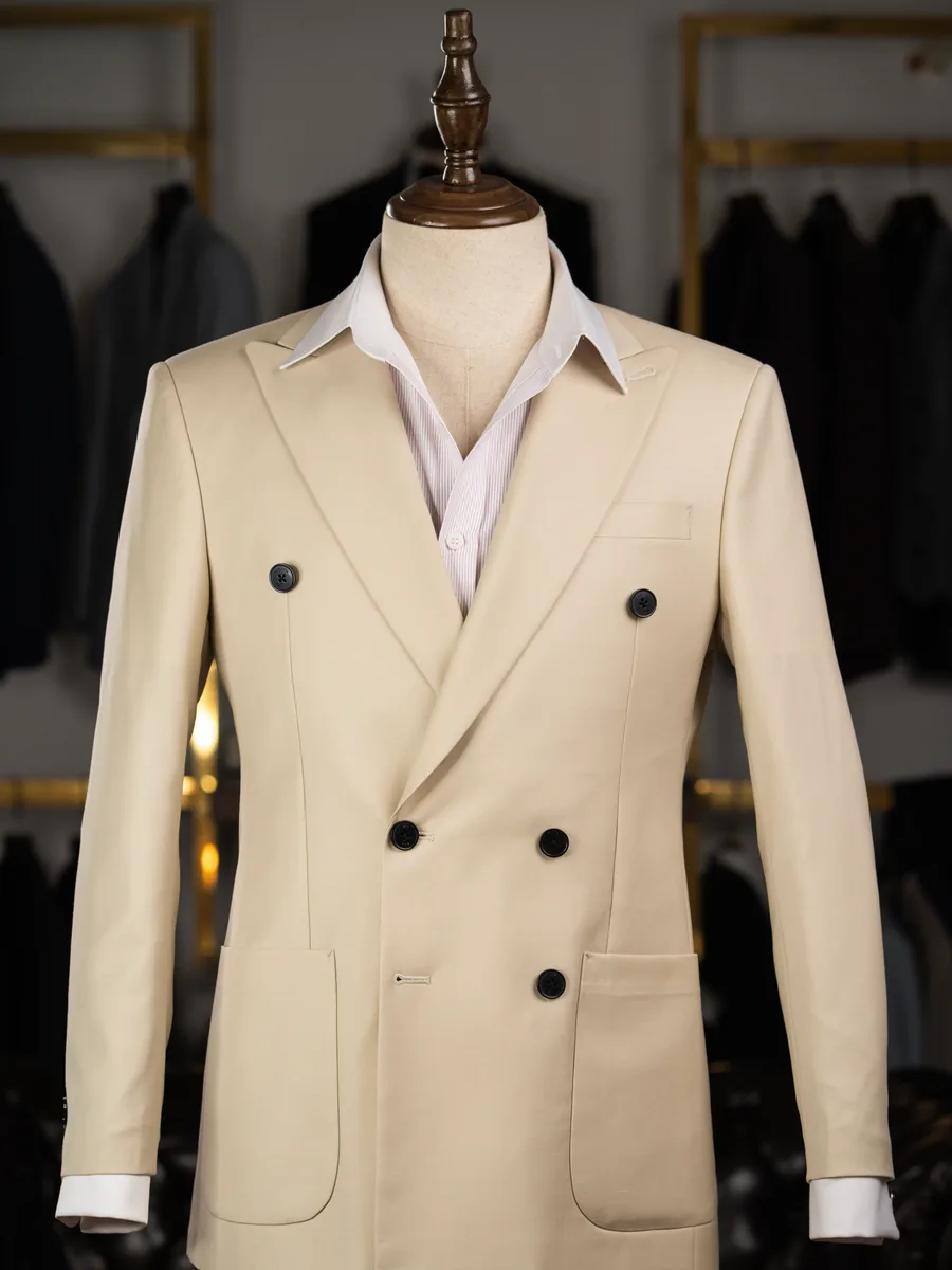 Cream Gold Double-Breasted Jacket, Patch Pockets