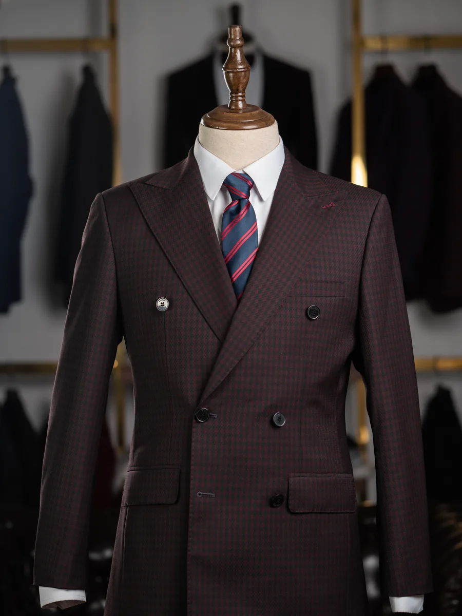 Burgundy Micro-Check Double-Breasted Suit