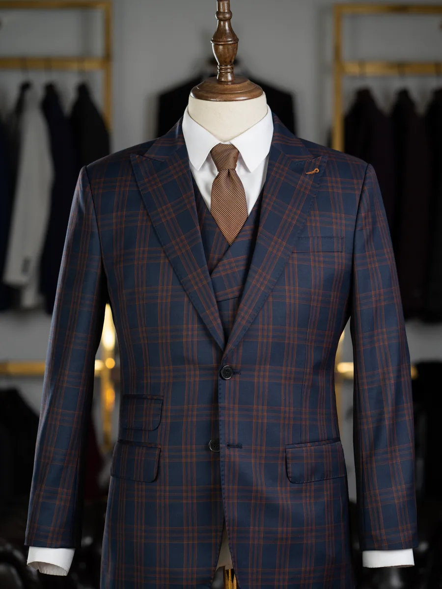 Navy Copper Windowpane Three-Piece Suit