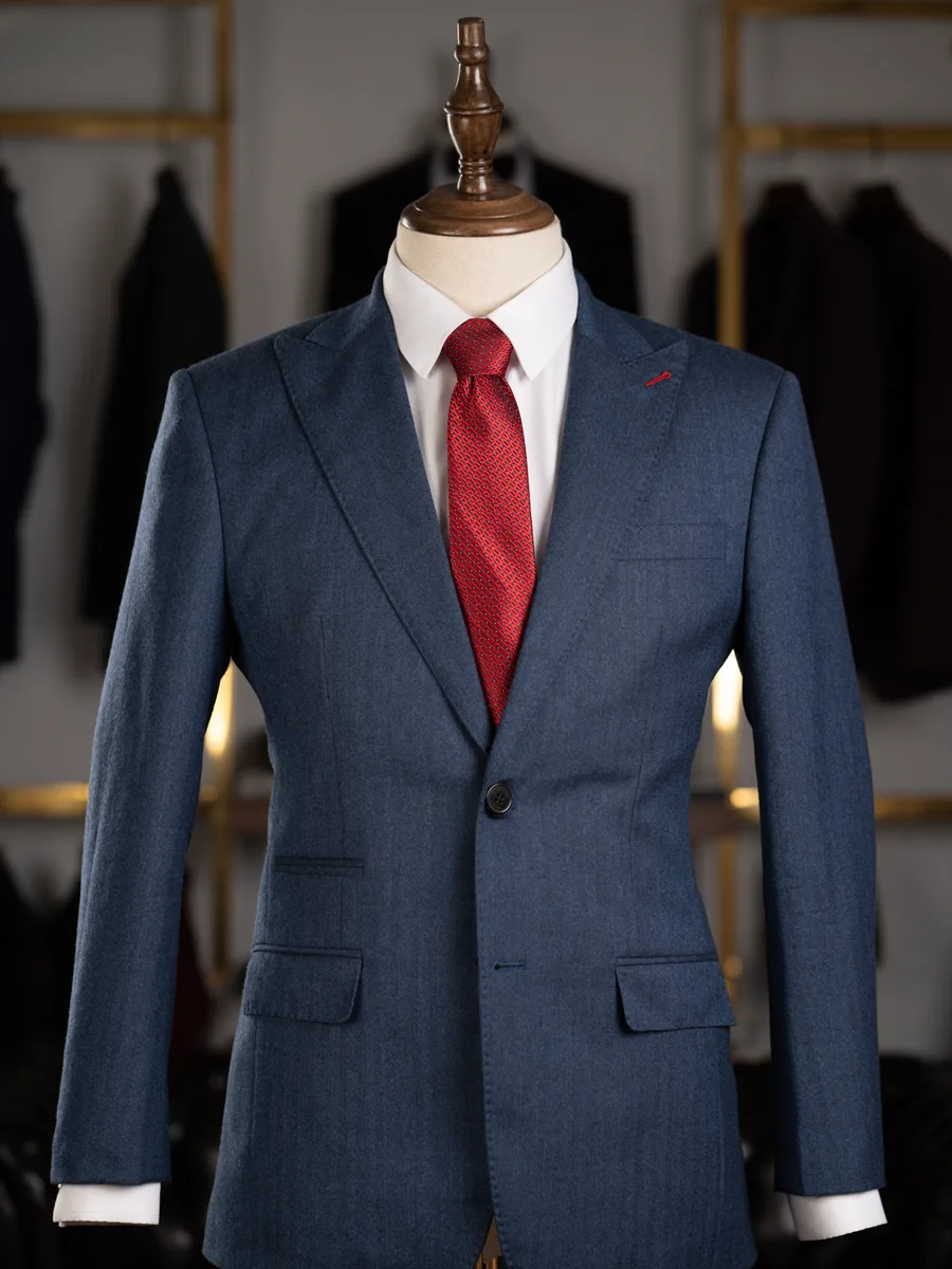 Denim Blue Herringbone Peak-Lapel Suit