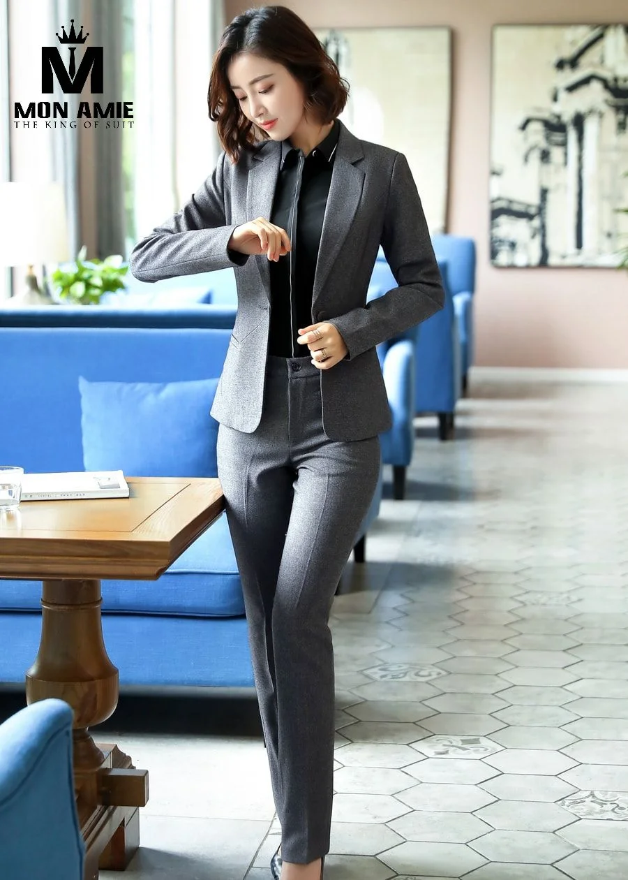 Suit nữ xám ghi vân nhẹ một nút quần tây ống đứng