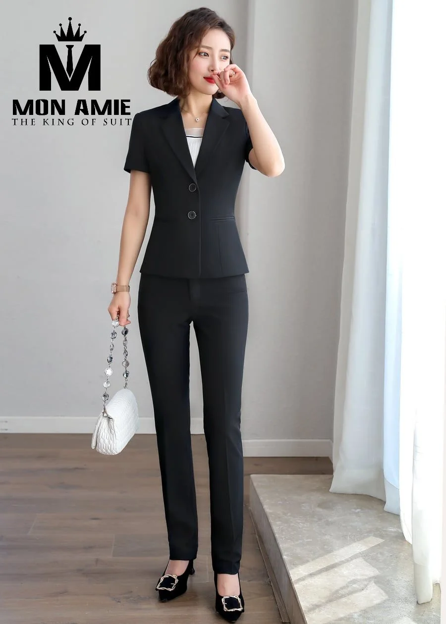 Suit nữ đen tay ngắn hai nút ve vest quần ống đứng