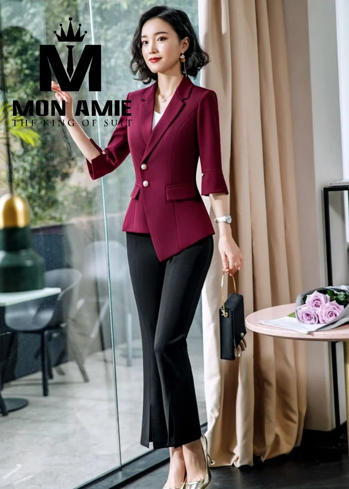 Wine-red asymmetric women's suit with flared sleeves and pearl buttons
