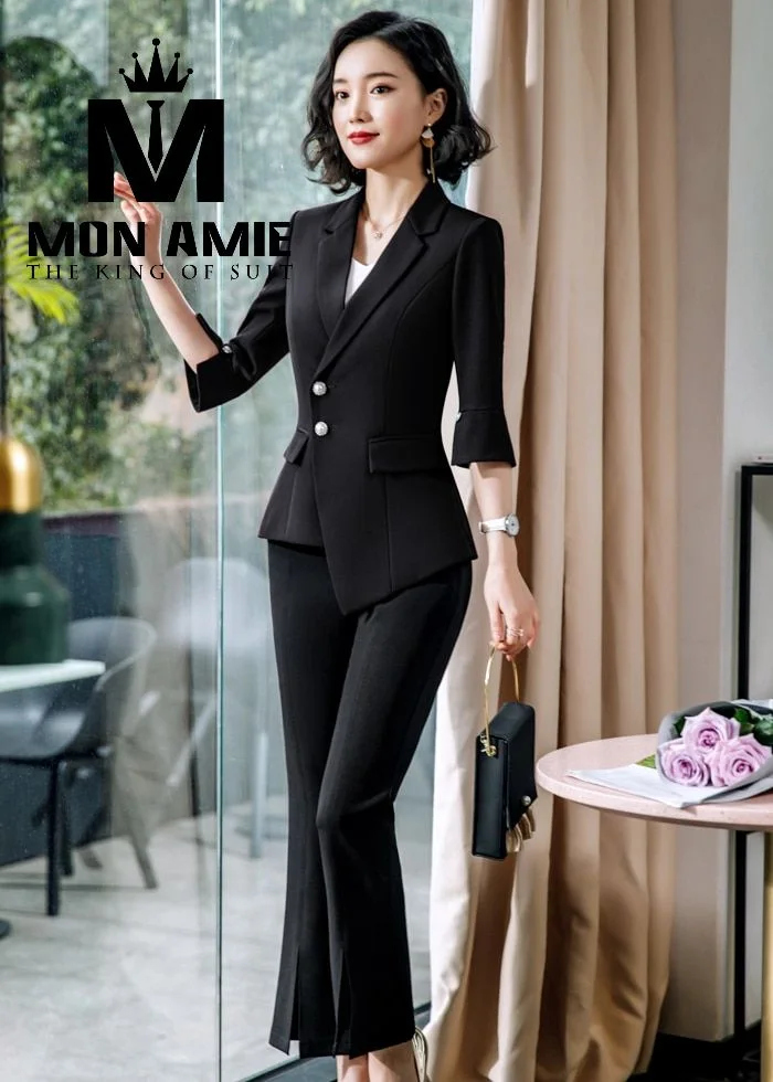 Black Women's Suit, Asymmetric Hem, Flared Sleeves, Pearl Buttons, Slit-Leg Trousers
