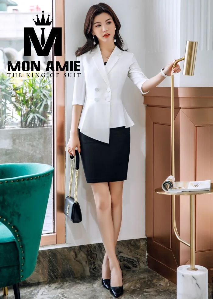 White double-breasted peplum asymmetric-hem women's suit with a black skirt