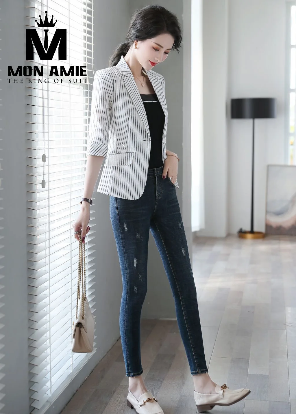 Black-and-white striped women's suit, single button, cropped sleeves