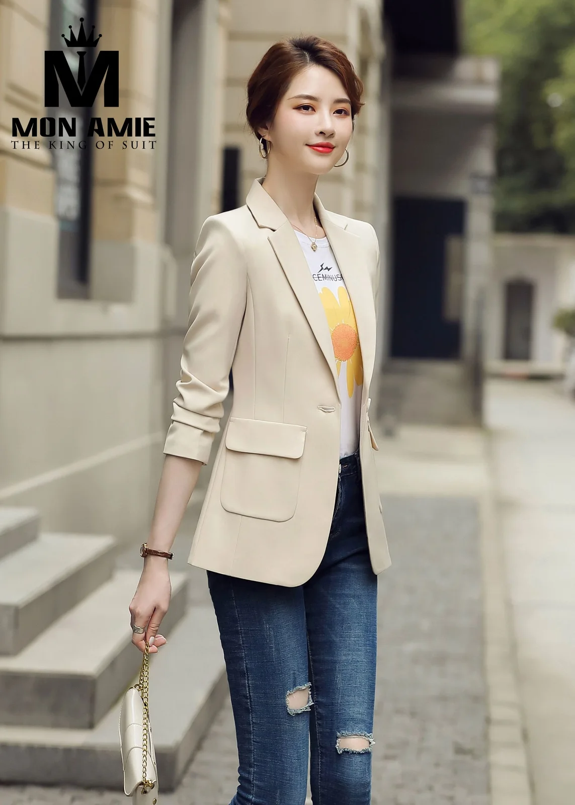 Women's Cream Beige Jacket with Large Flap Pockets, Single Button, Rolled Sleeves