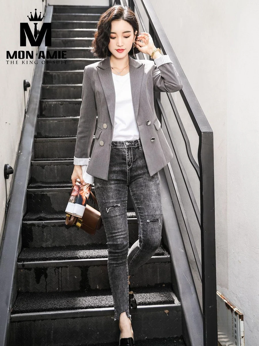 Smoke Grey Double-Breasted Blazer