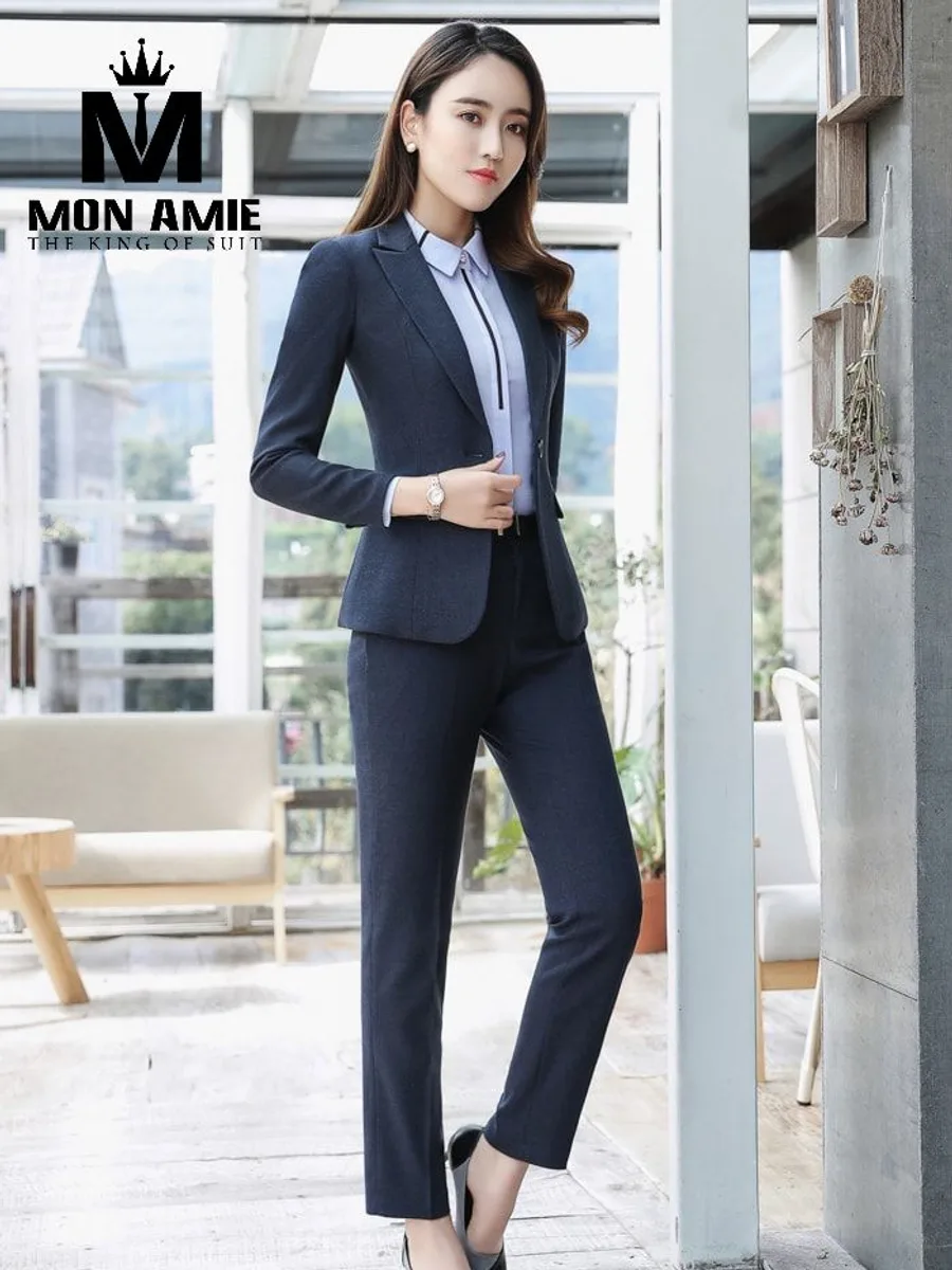 Women's Textured Navy Blazer Suit with Straight Trousers