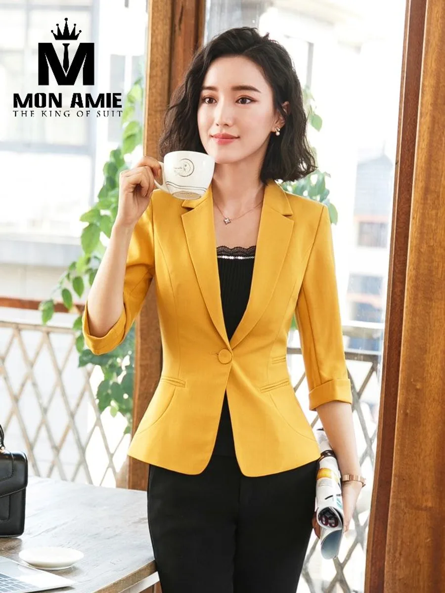 Women's Mustard Yellow Three-Quarter Sleeve Blazer