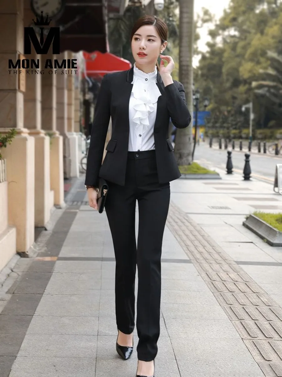 Women's Black V-Neck Suit with Ruffle Blouse and Straight Trousers