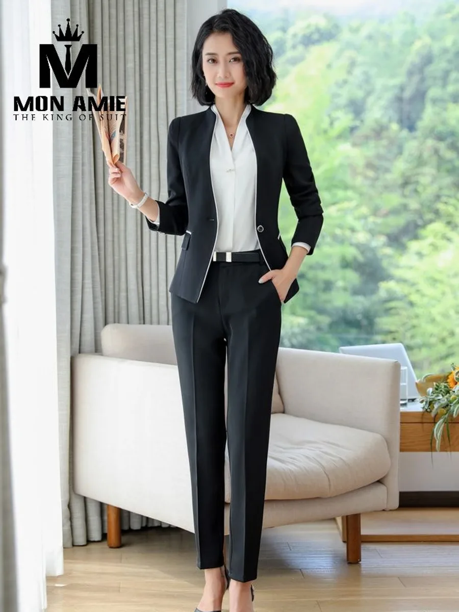 Women's Black V-Neck Suit with White Piping and Belted Trousers