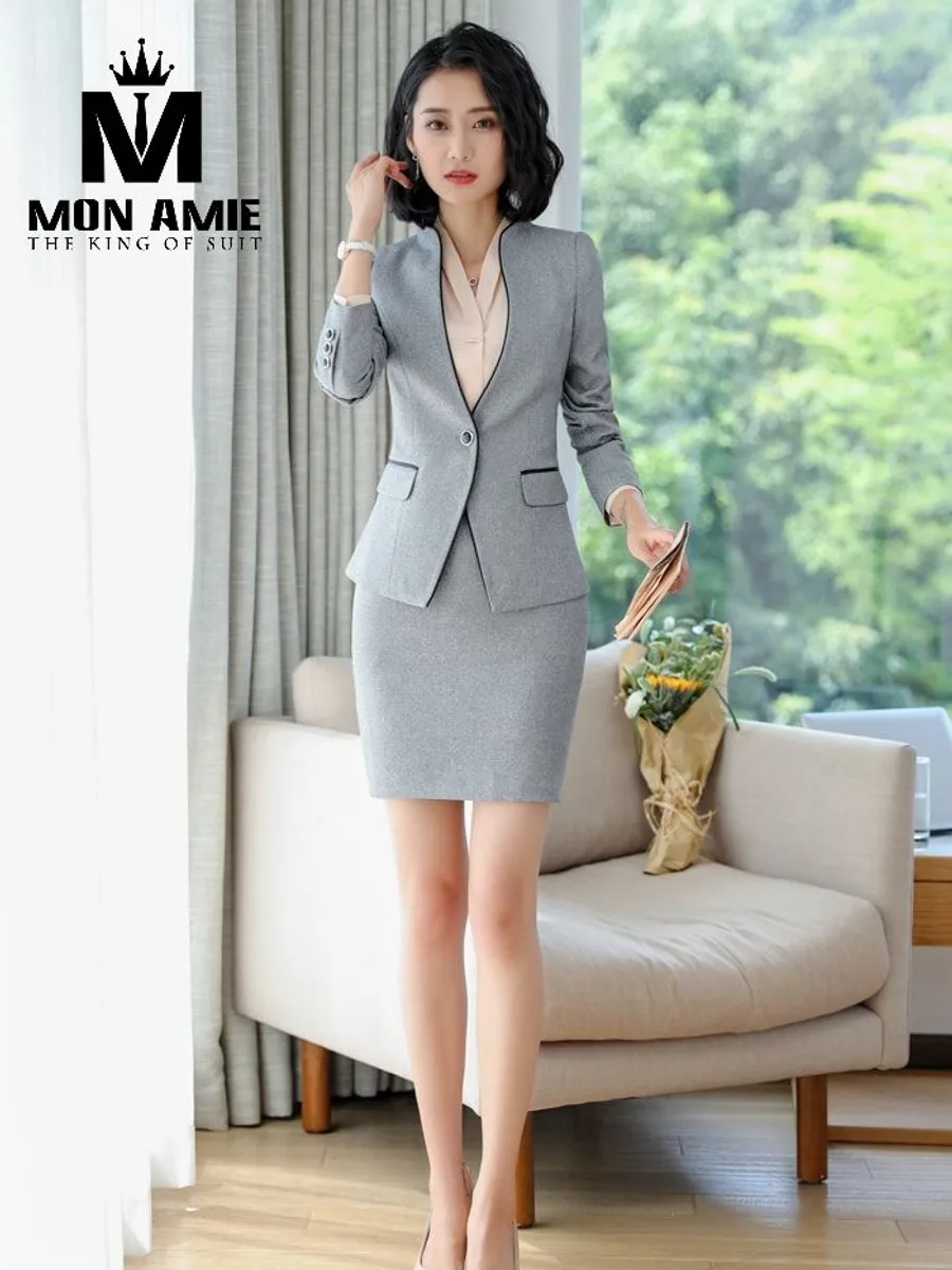 Women's Heather Grey V-Neck Suit with Black Trim and Pencil Skirt