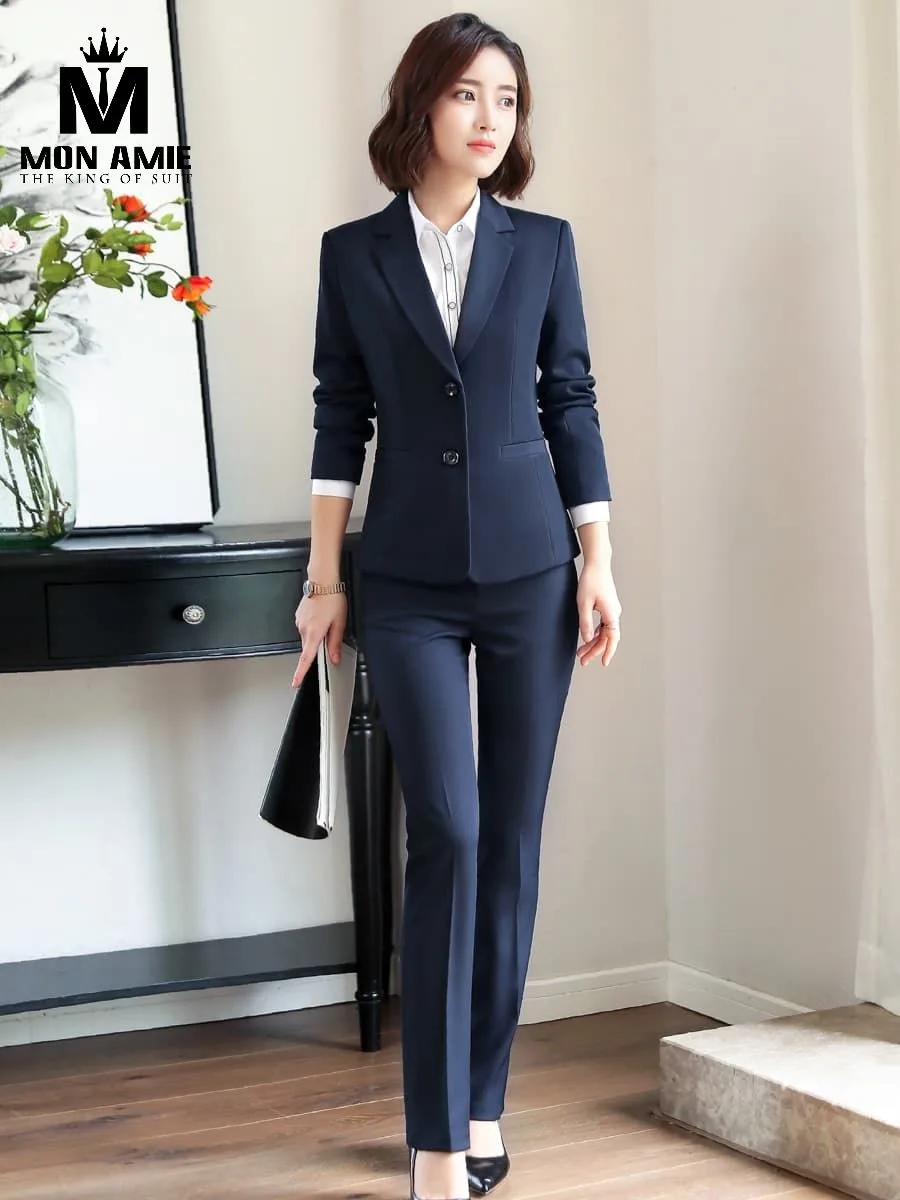 Navy Waist-Defined Women's Pant Suit