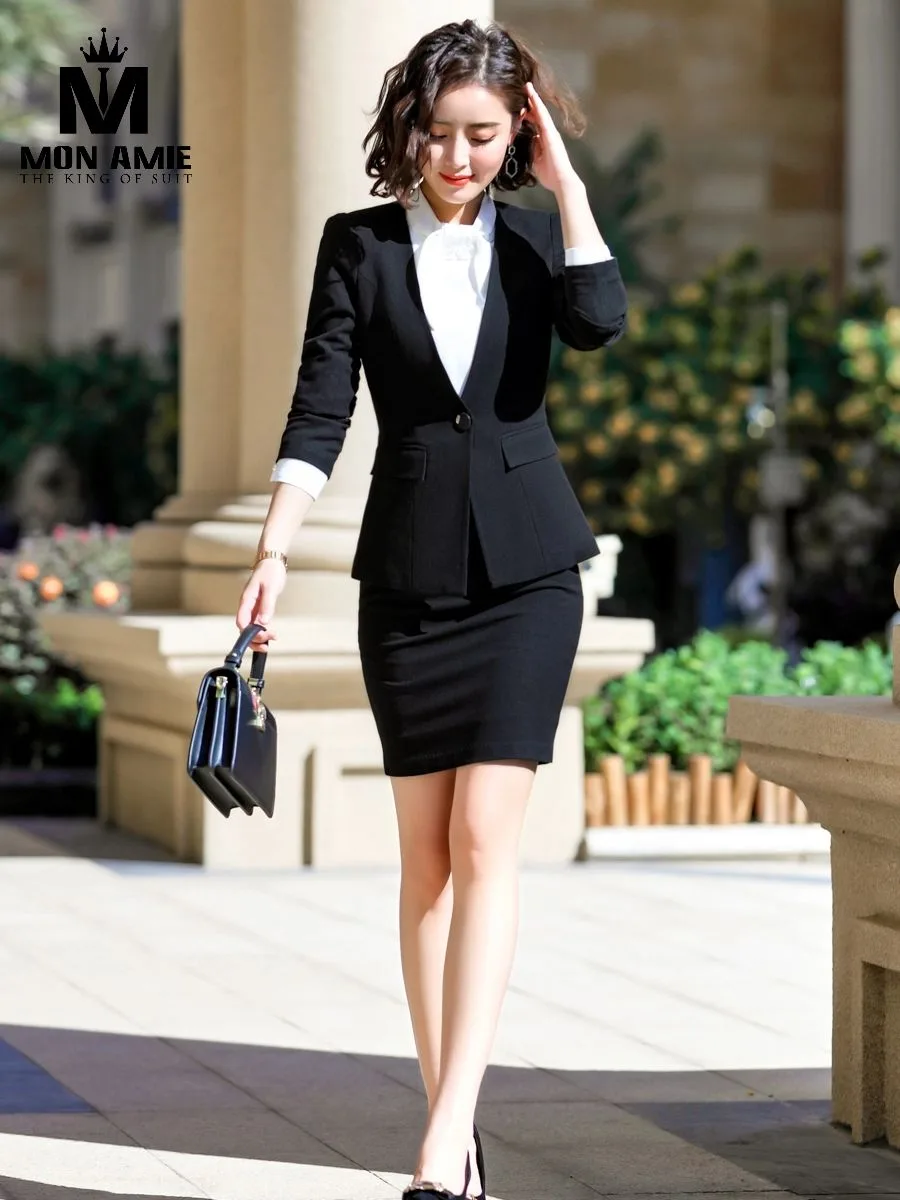Black V-Neck Suit with Ruffle Blouse