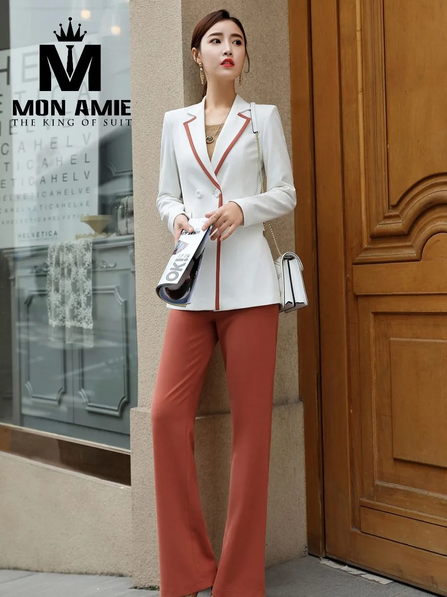 White Double-Breasted Suit, Terracotta Trim
