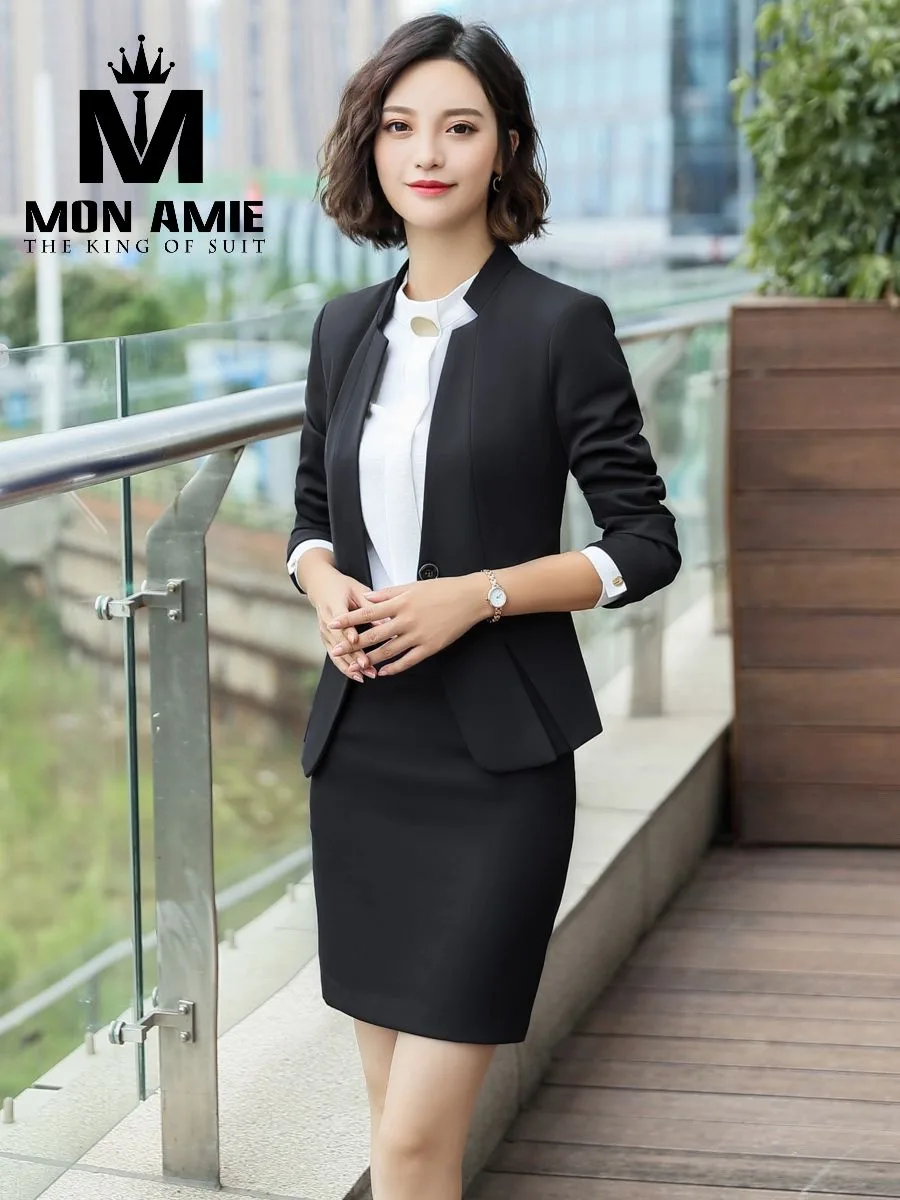 Black Stand-Collar Suit with Pencil Skirt