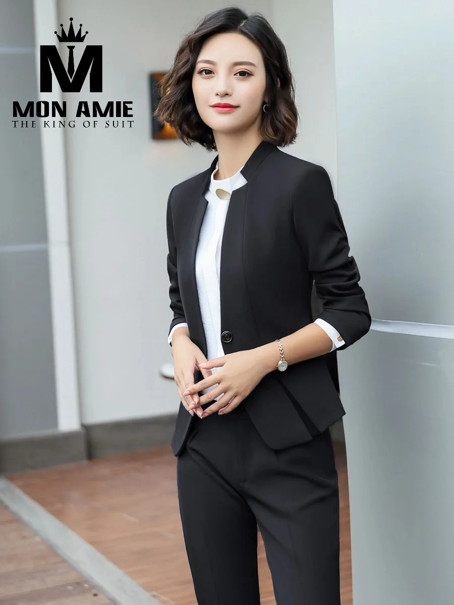 Black Stand-Collar Women's Pant Suit