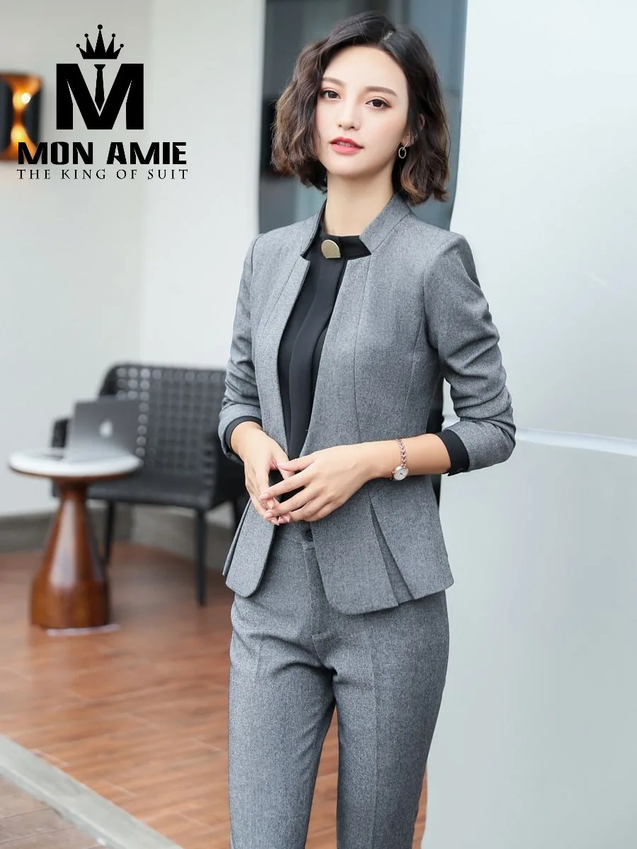 Grey Stand-Collar Women's Pant Suit