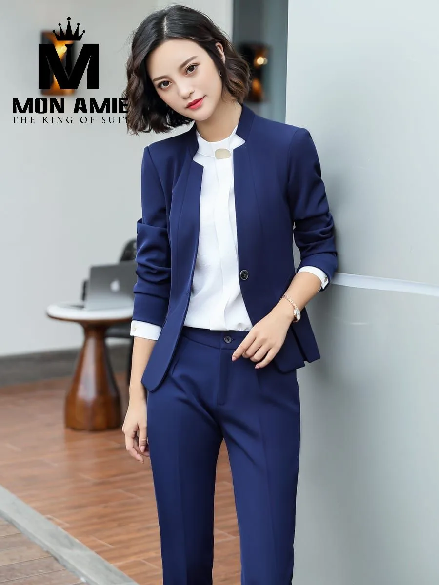 Navy Stand-Collar Trouser Suit