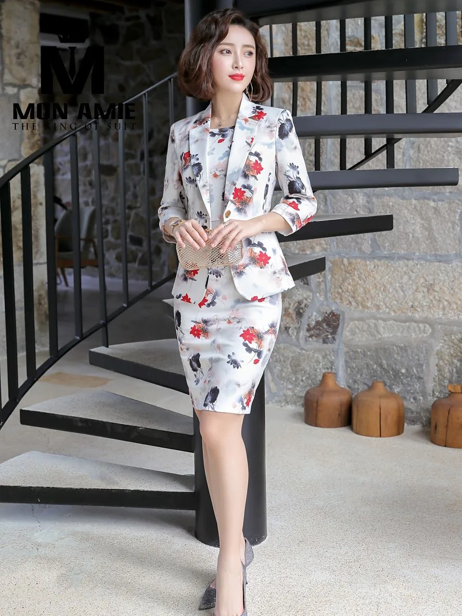 White Red-Floral Blazer and Dress Set