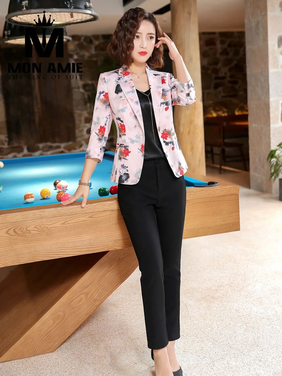 Pink Floral Blazer with Black Trousers