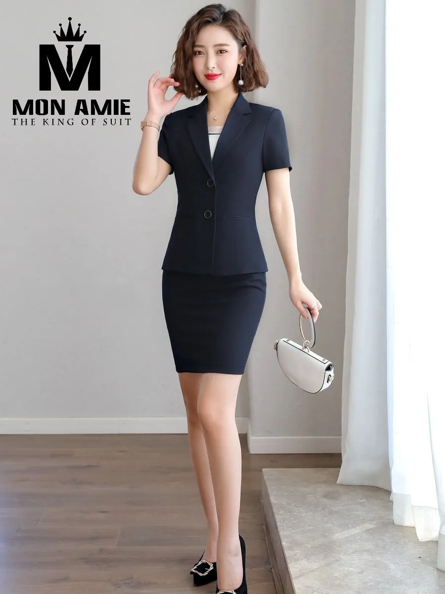 Charcoal-Navy Two-Button Skirt Suit