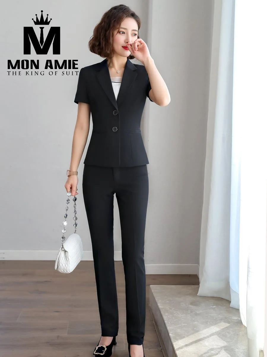Black Two-Button Short-Sleeve Trouser Suit