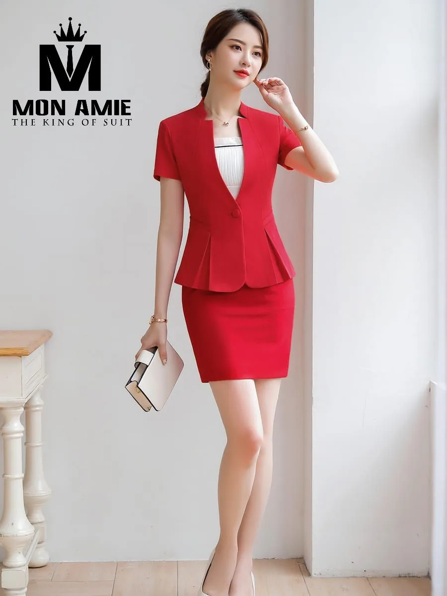 Red Stand-Collar Peplum Skirt Suit