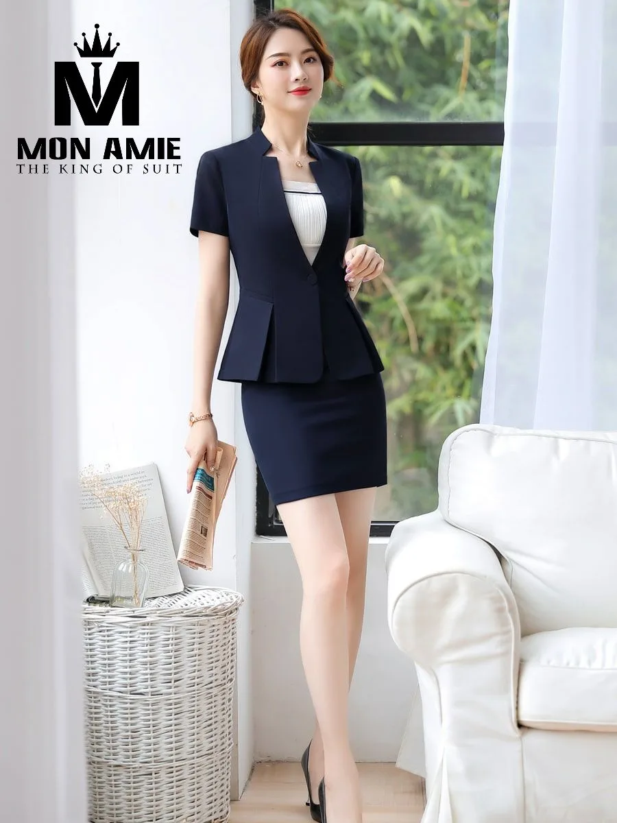 Navy Stand-Collar Peplum Skirt Suit
