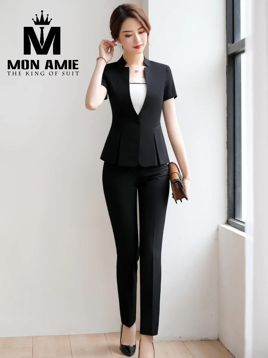 Black Stand-Collar Peplum Trouser Suit