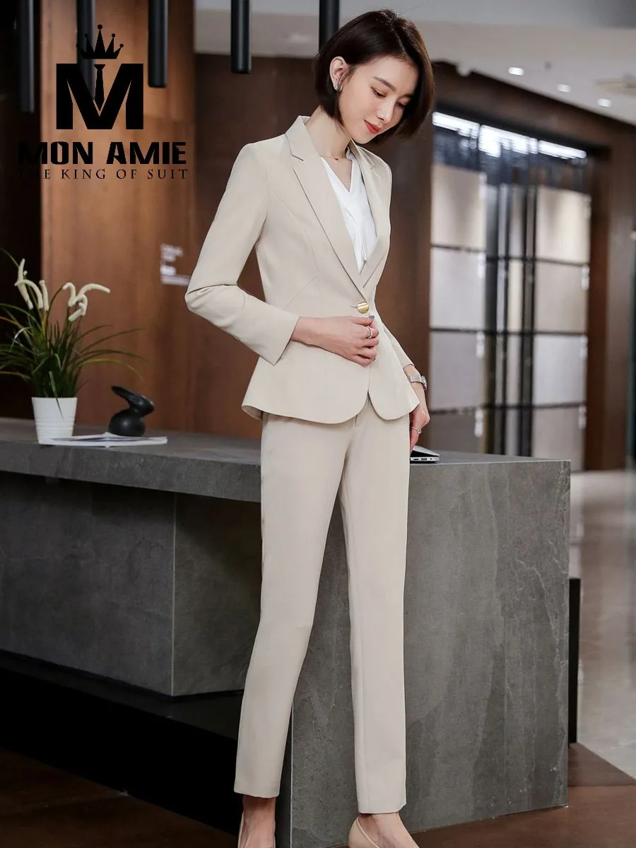 Cream-Beige Trouser Suit with Gold Button