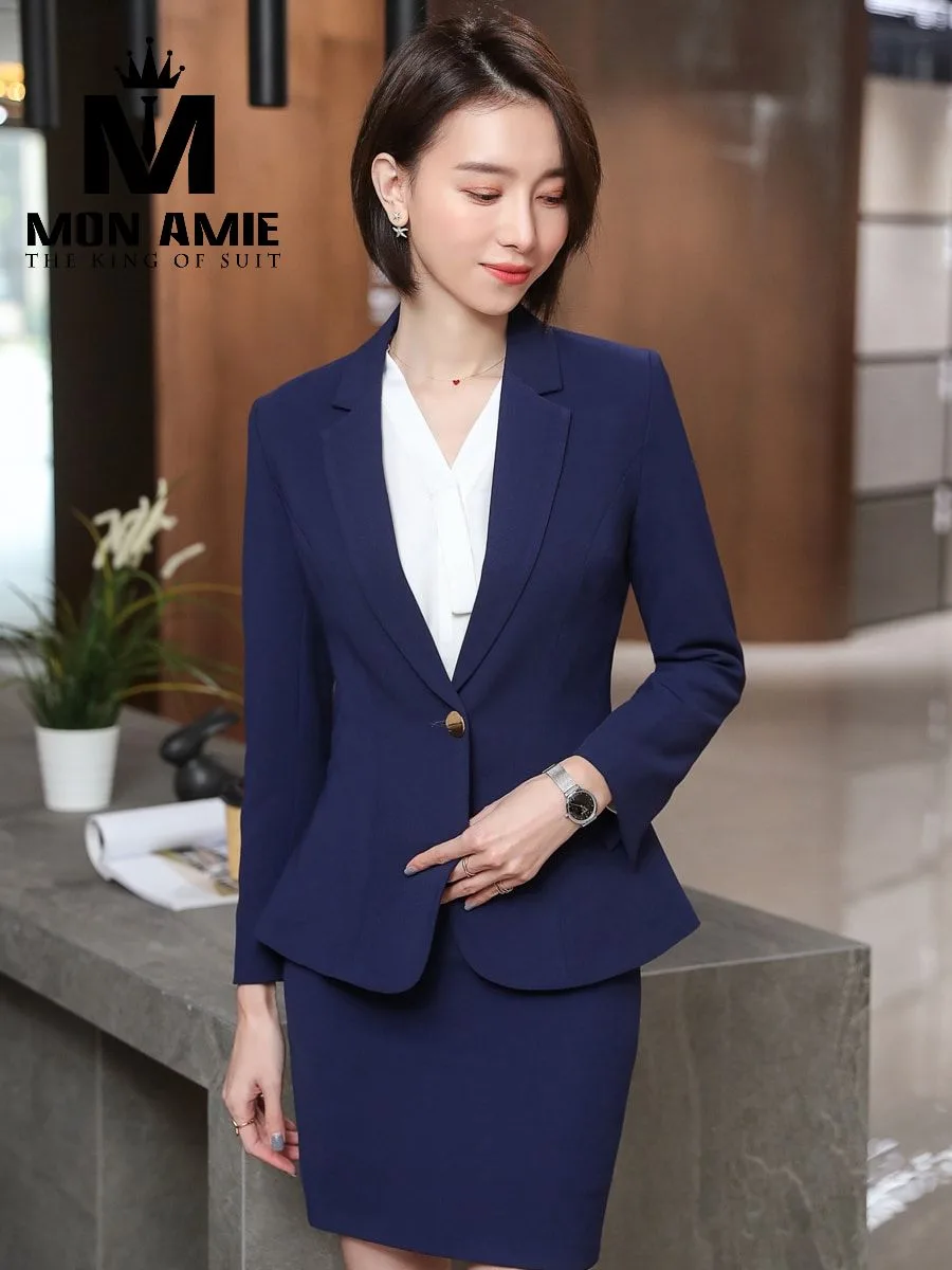 Navy Long-Sleeve Skirt Suit, Gold Button