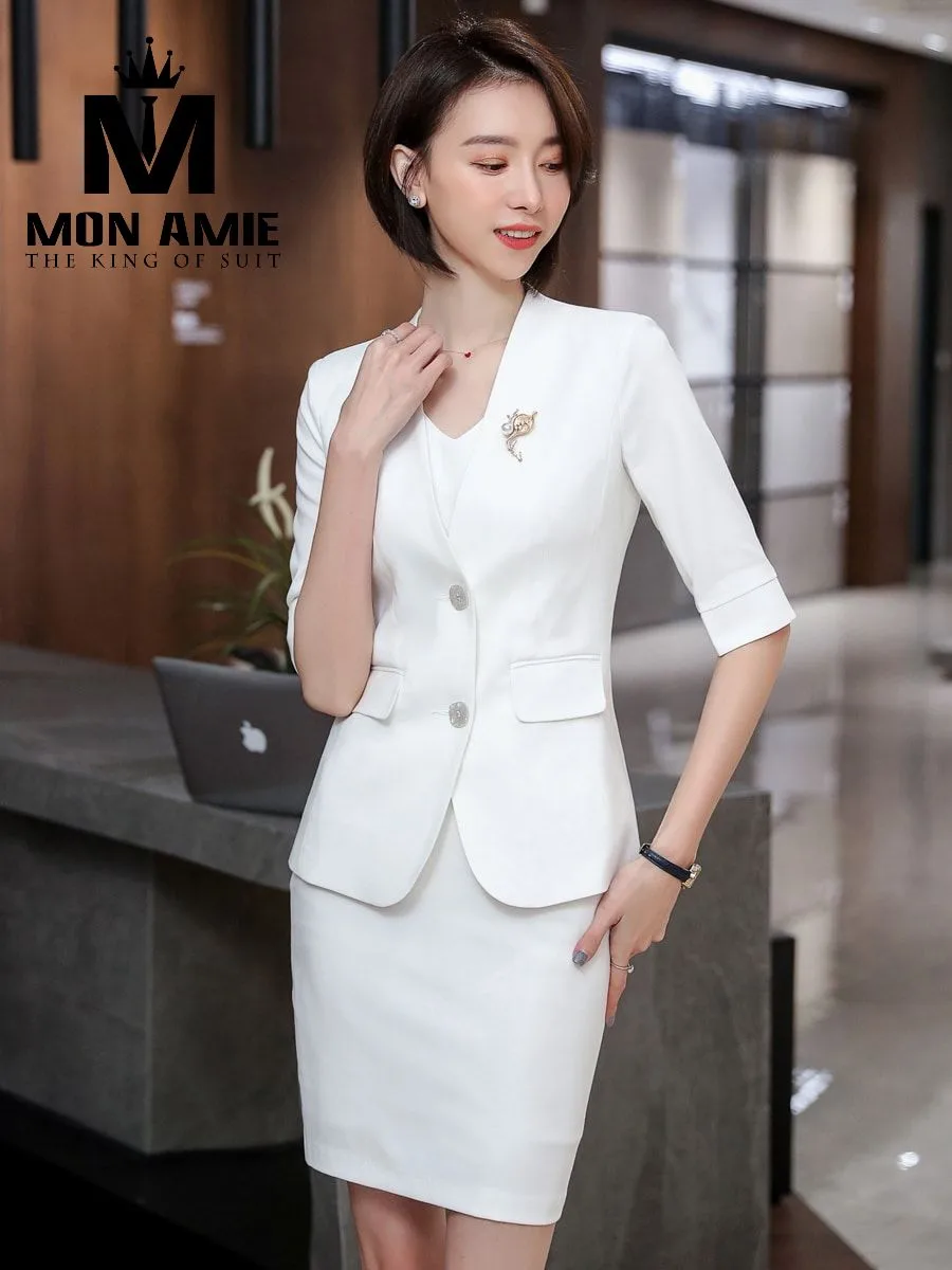 White V-Neck Half-Sleeve Skirt Suit