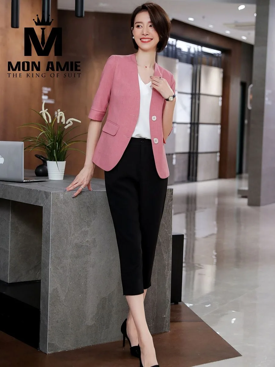Peach-Pink Collarless Blazer with Cropped Trousers