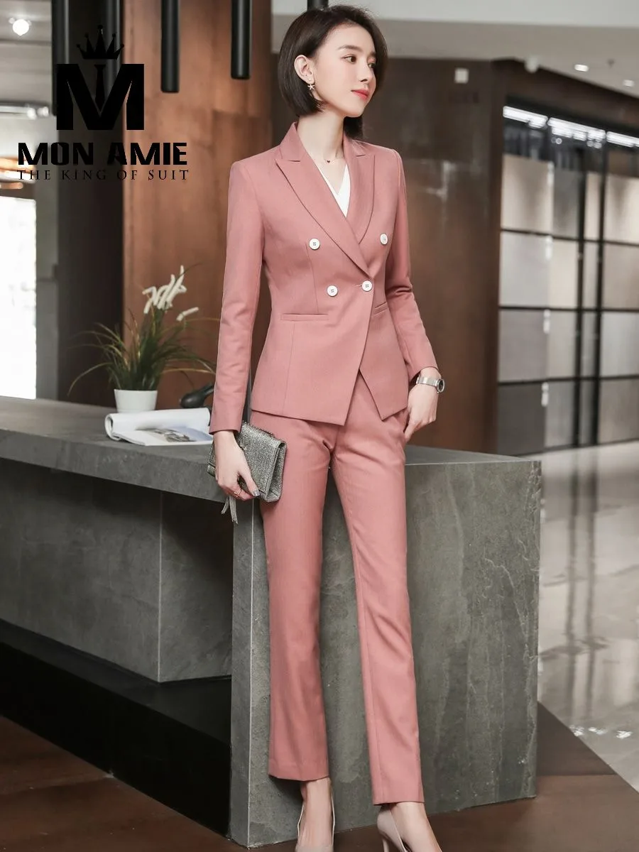 Dusty Rose Double-Breasted Peak Lapel Pantsuit