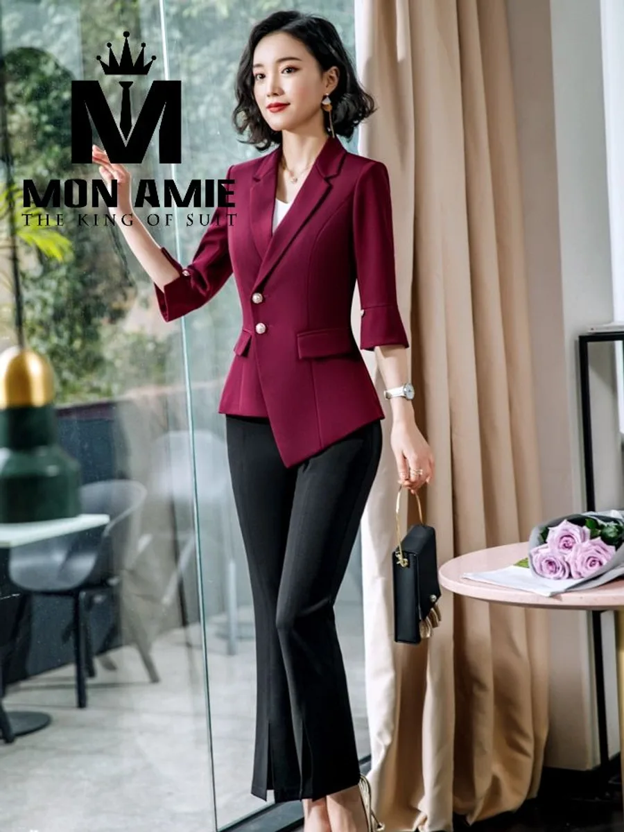 Wine Red Asymmetric Blazer with Flared Sleeves