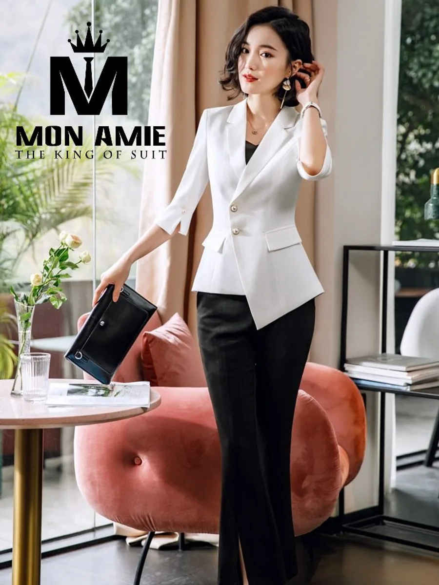 White Asymmetric Blazer with Black Slit Flare Trousers